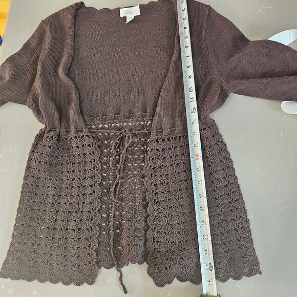 Y2K Ann Taylor Loft Brown Crochet Knit Cardigan Sweater Boho Cottagecore M - Picture 3 of 7